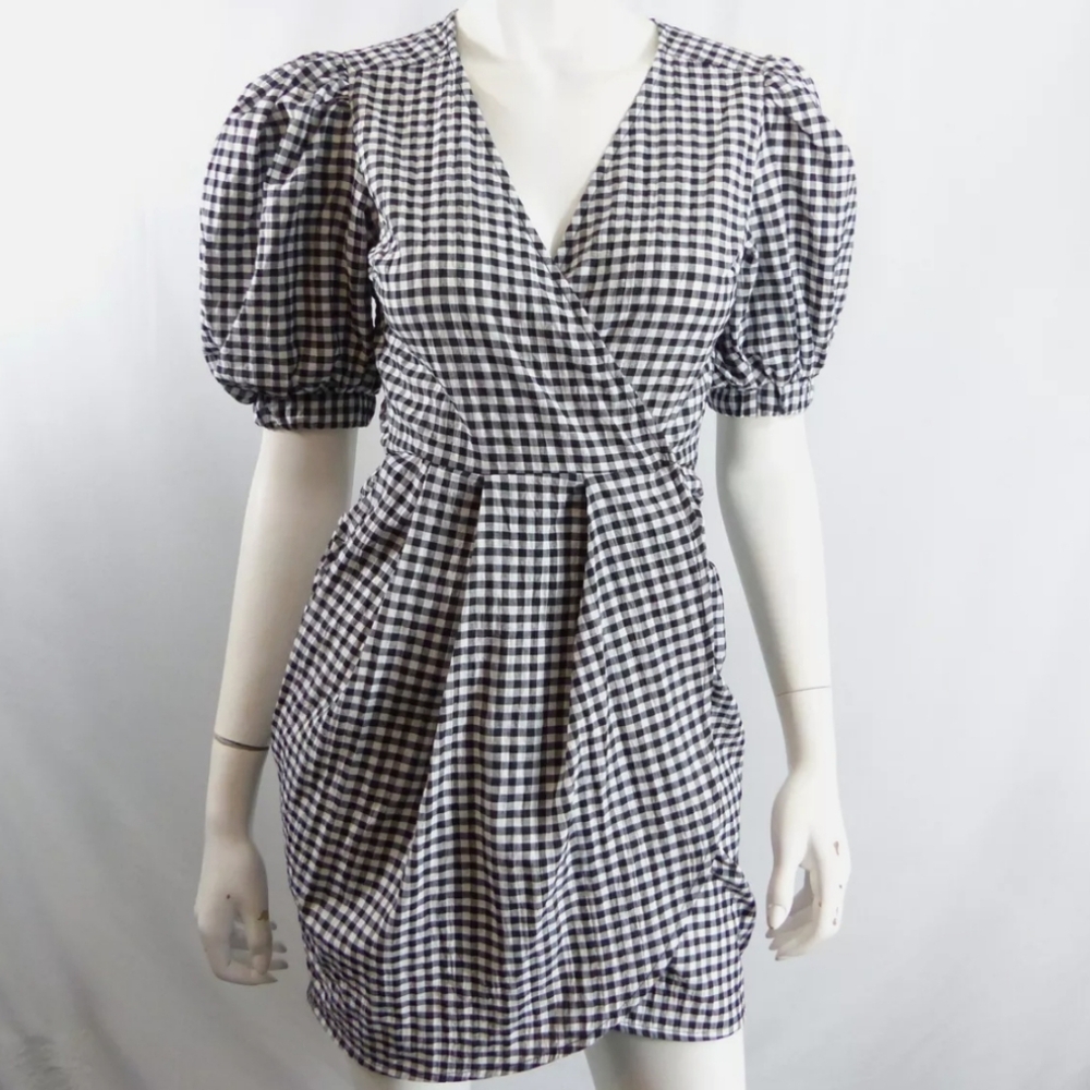 Topshop gingham plaid Puff sleeve tulip wrap dress